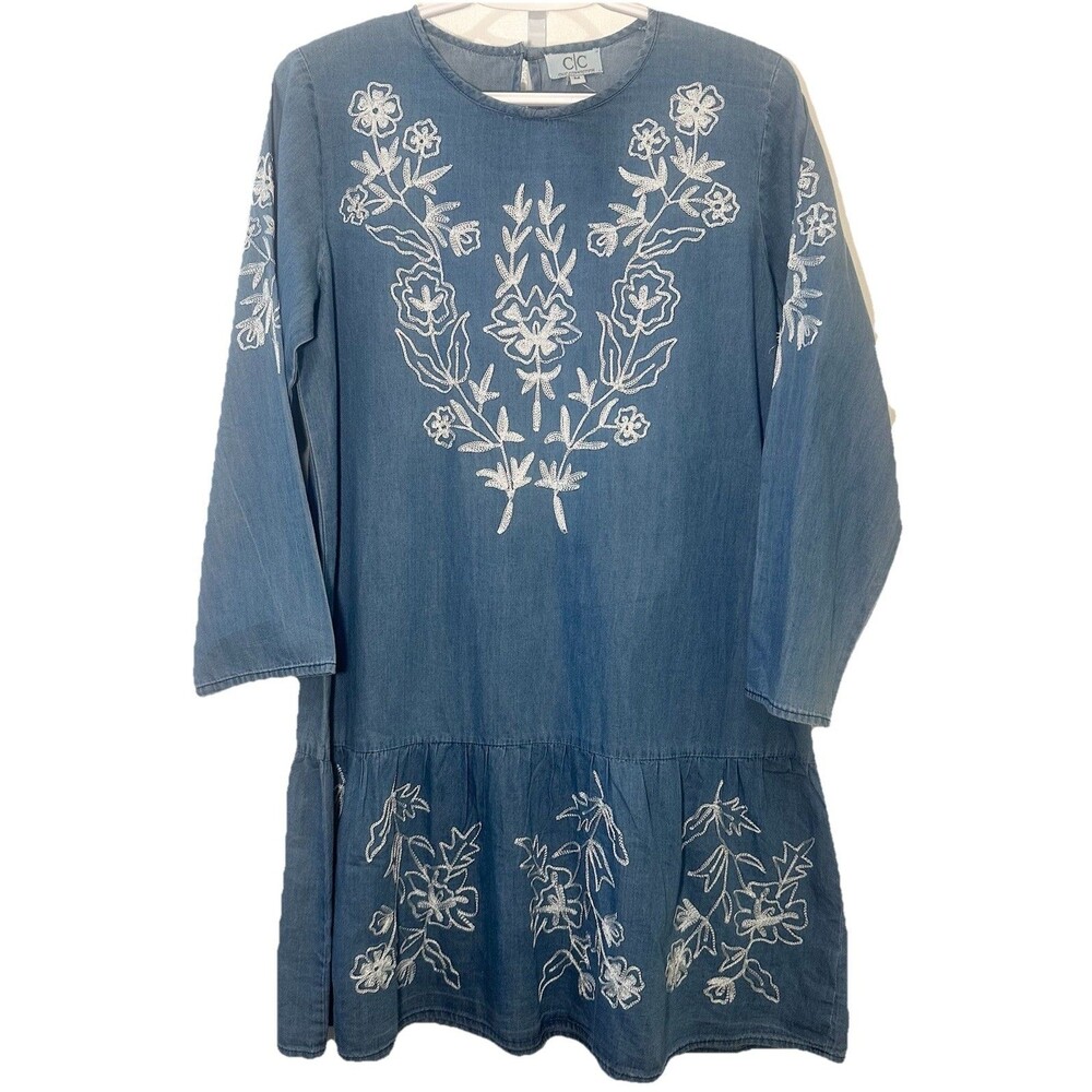 Chic Connection Chambray Embroidered Tunic Dress Blue Boho Peasant Medium